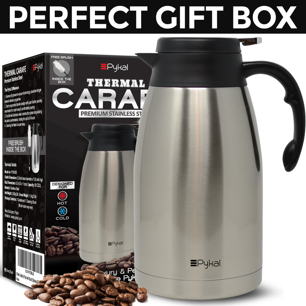 Pykal Thermal Coffee Carafe Insulated Thermos Drink Dispenser Stainless Steel, 68 oz, Size: 2L, Silver